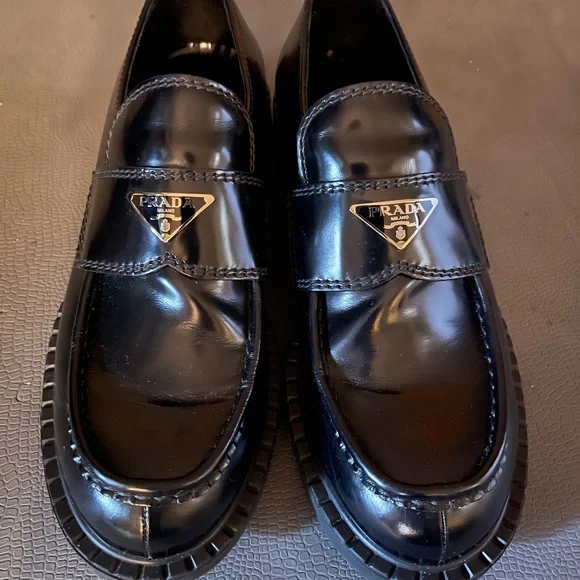 Prada Shoes Prada Mens Logo Plaque Chunky Sole Loafers Black